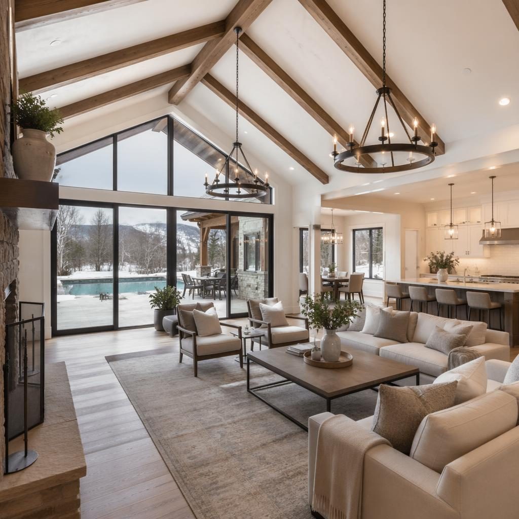 Wide-angle view of a luxury farmhouse pool patio in winter snow, with overcast light and a great room cathedral ceiling.