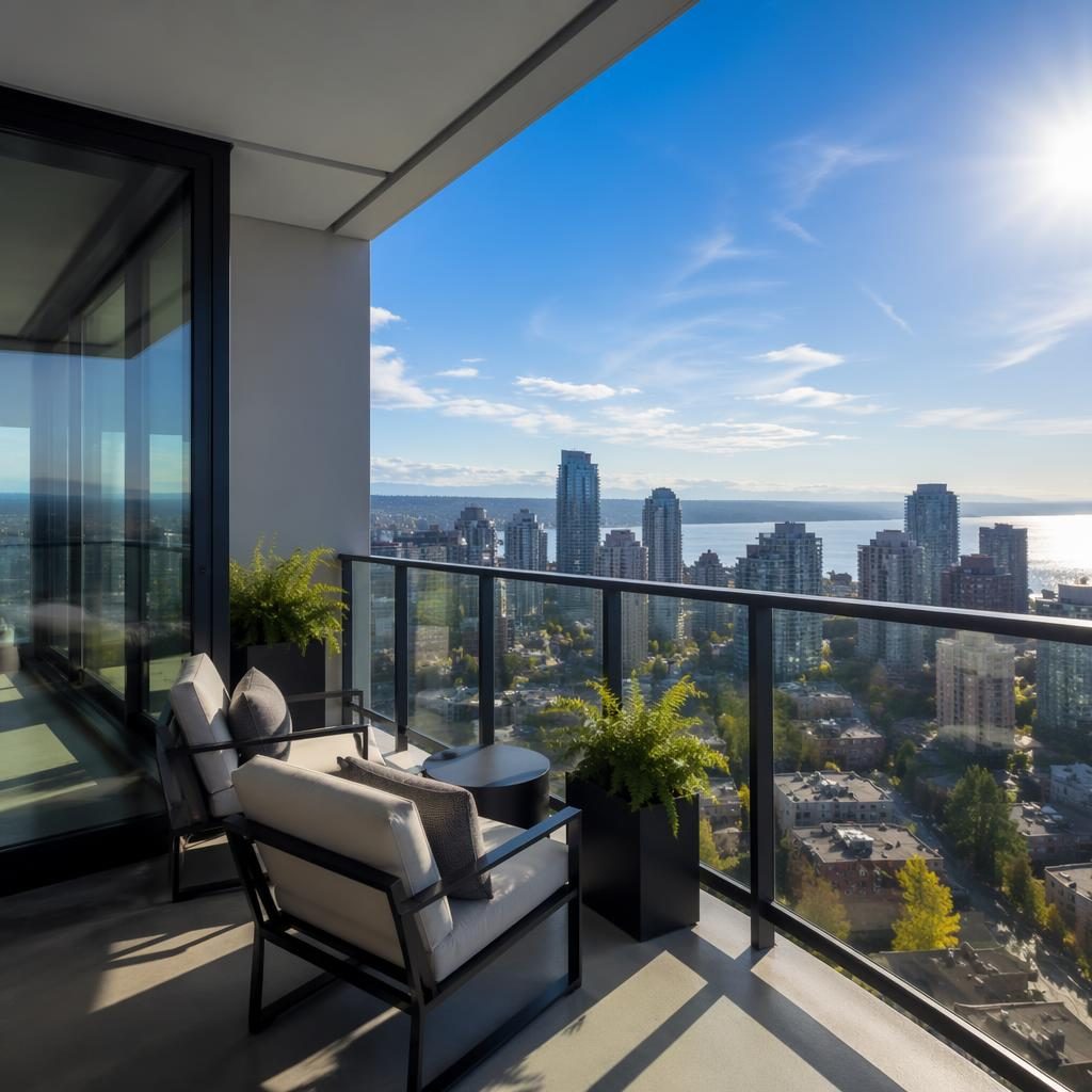 Sunny master bedroom in a high-rise condo with wide-angle framing and balcony view, staged neatly in sharp focus.