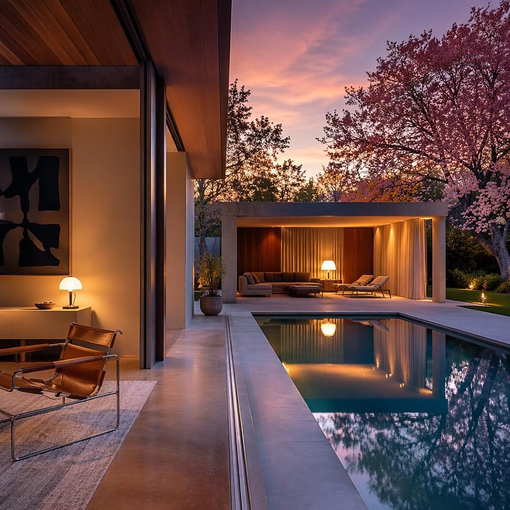 Historisch restauriertes Wohnhaus mit Blick vom Innenraum in den Garten bei blauer Stunde, Frühlingsblüte und Pool-Cabana