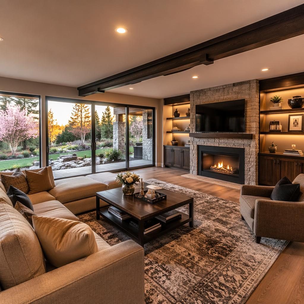 Finished basement family room with wide-angle view to a blooming garden at golden hour, staged seating, sharp HDR detail