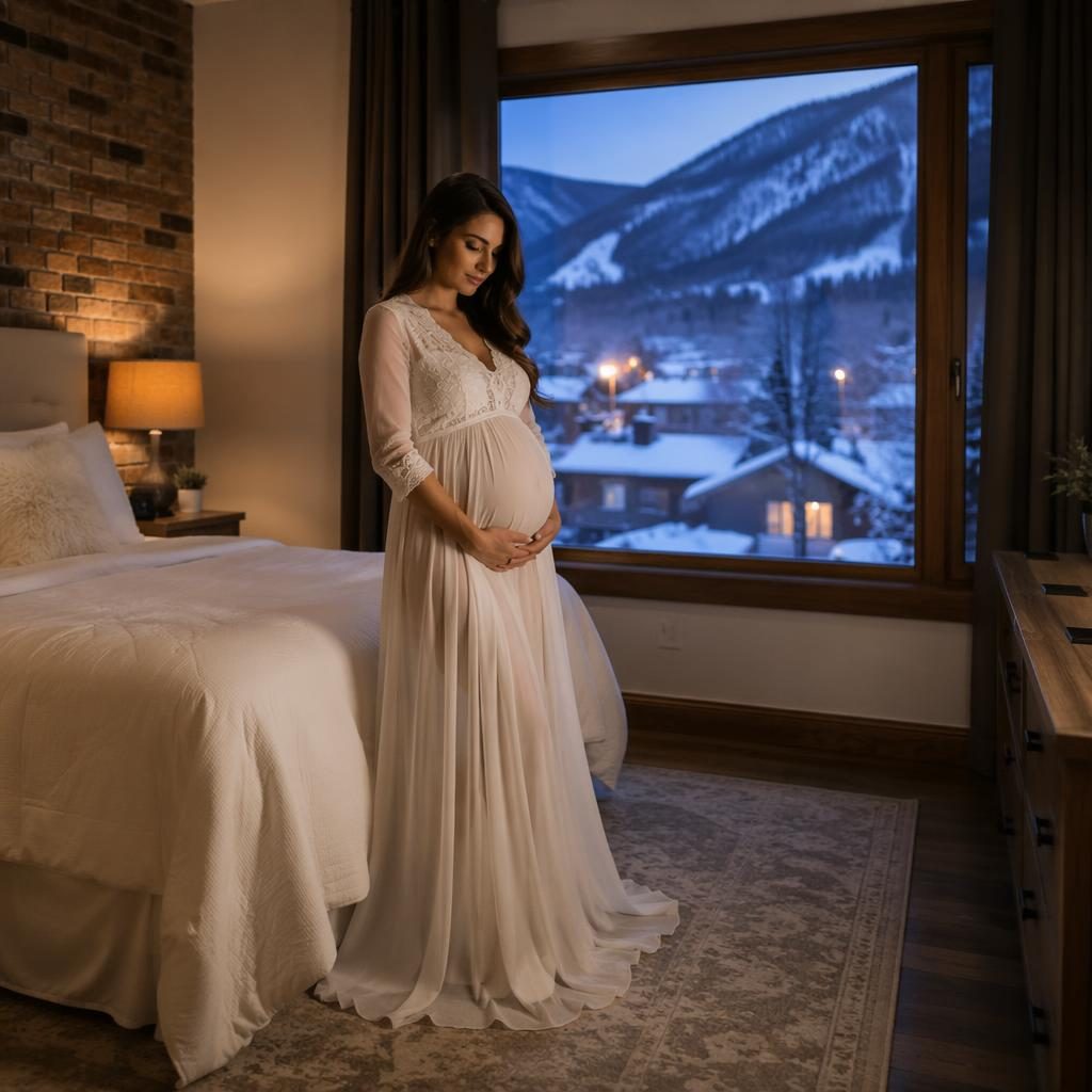 Master bedroom in a mountain cabin at blue hour, winter snow outside, sharp staged interior, wide-angle real estate style