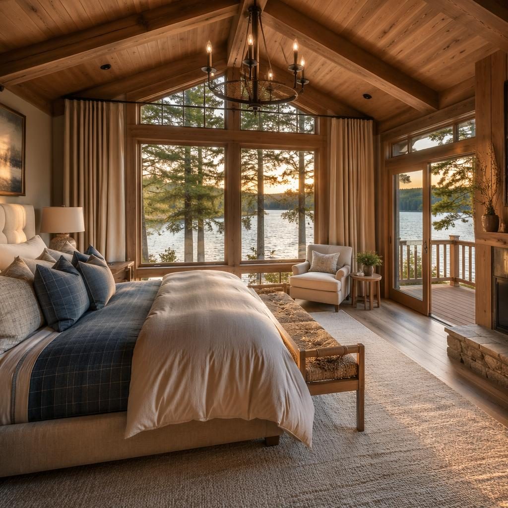 Master bedroom of a mountain cabin at golden hour with wide-angle view, staged bed, wood interiors, and lakeside deck visible