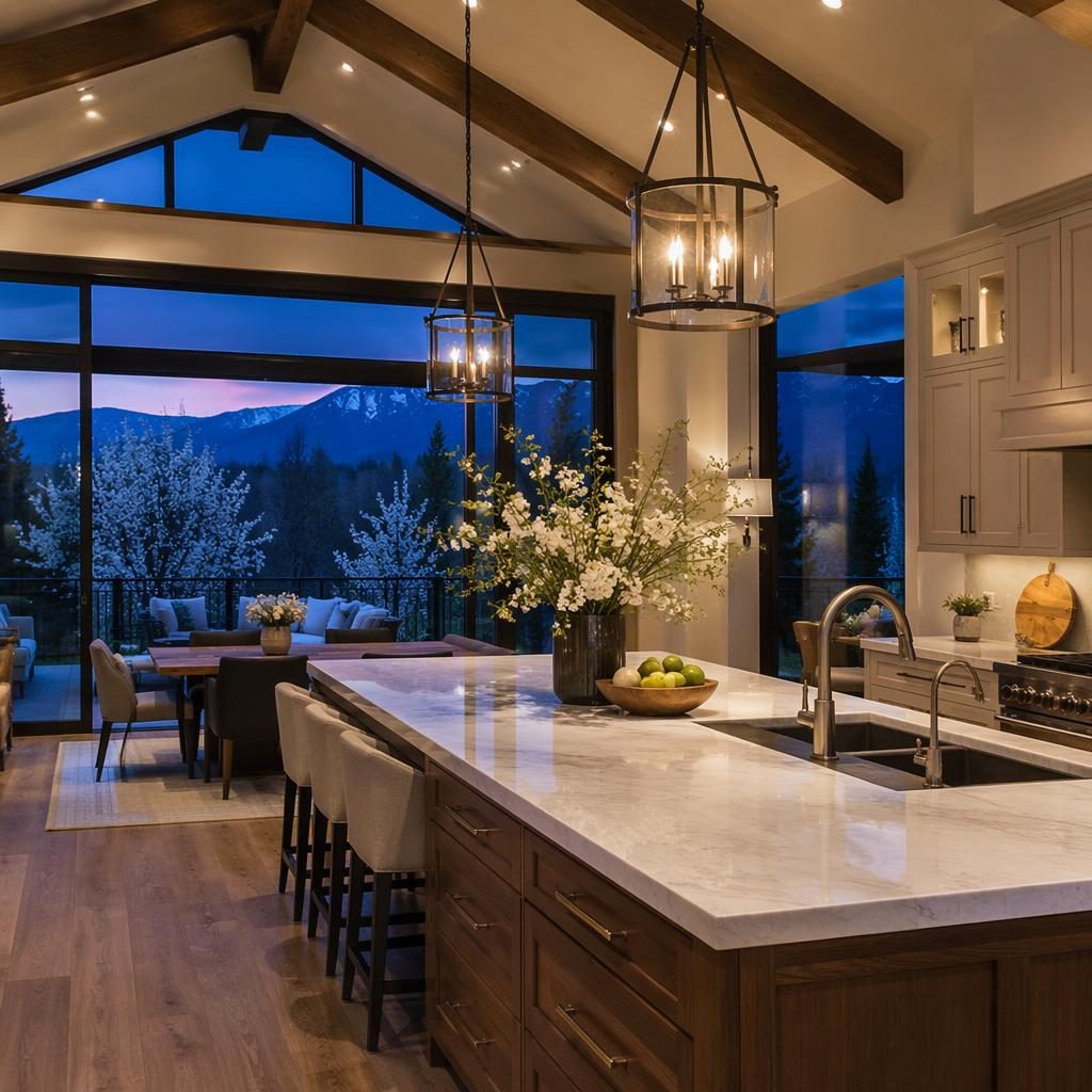 Luxury villa kitchen in a great room with cathedral ceiling, spring blooms outside, blue hour twilight, wide-angle view.