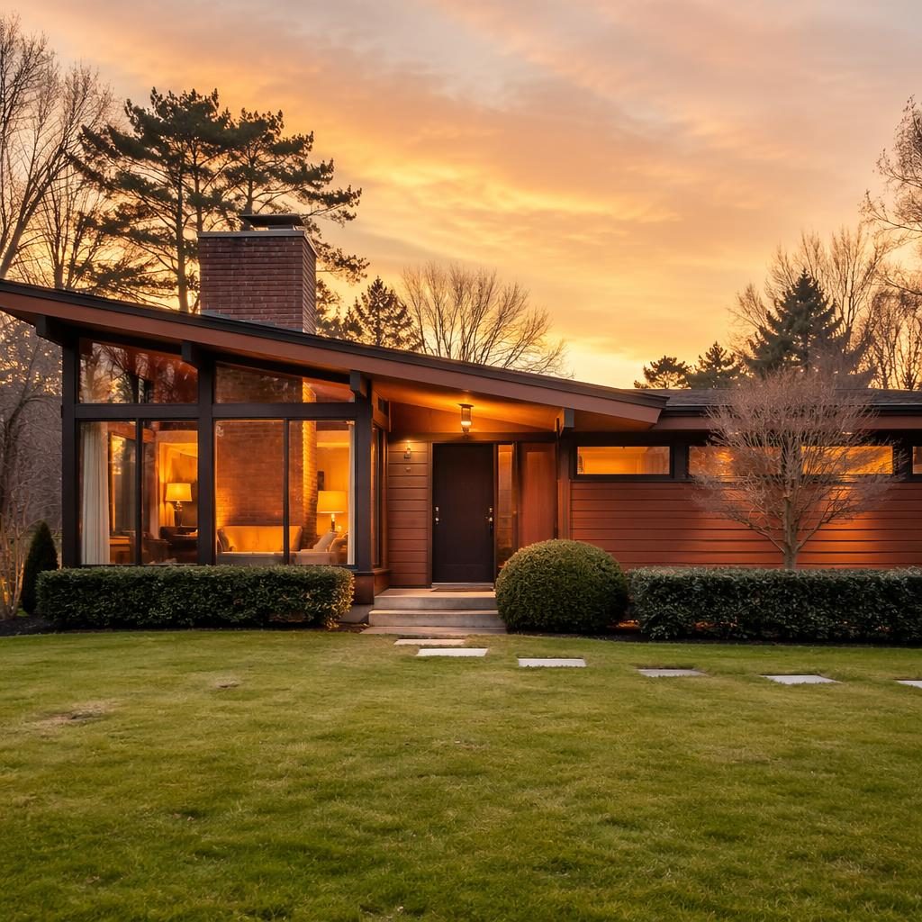 Front facade of a mid-century ranch home in winter snow, bright daylight, wide-angle real estate listing style.