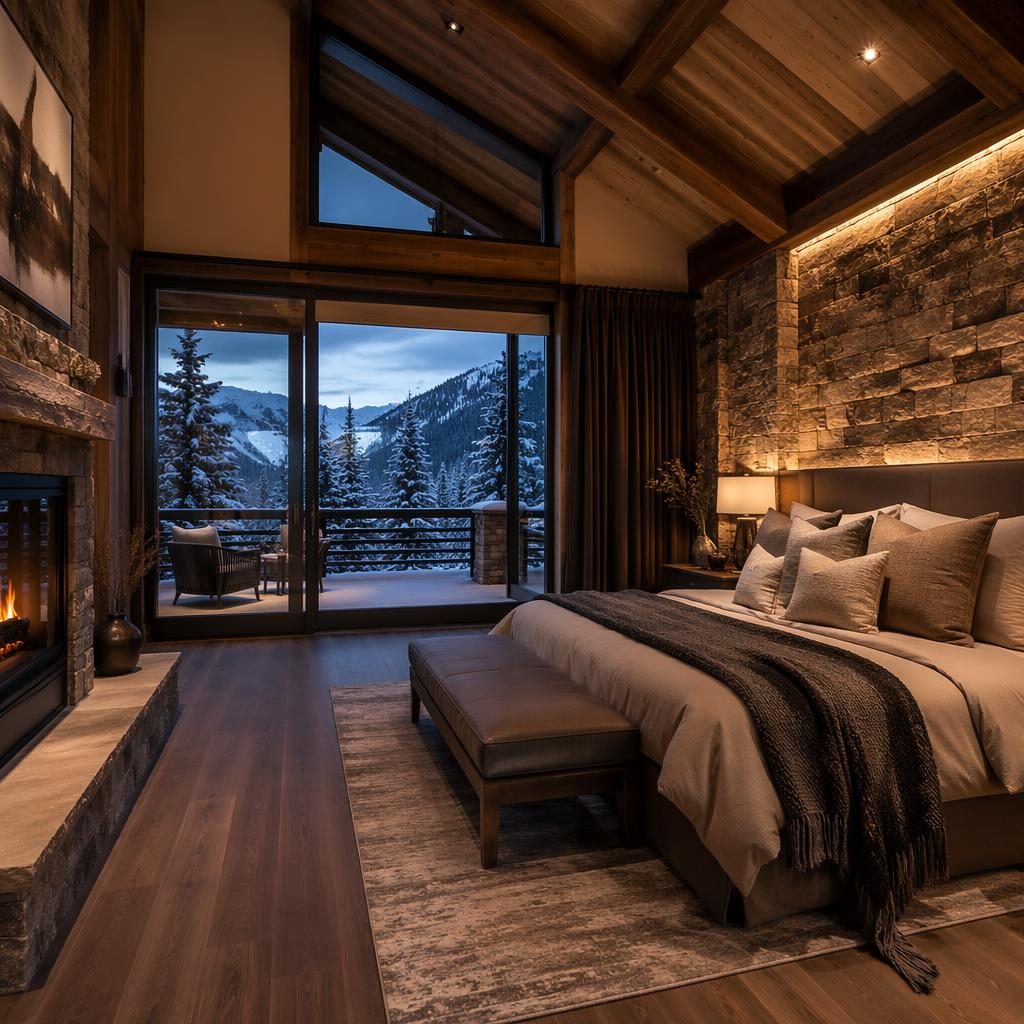 Master-Schlafzimmer einer Berghütte im Winter, sonniger Morgen, mit begehbarem organisiertem Kleiderschrank.