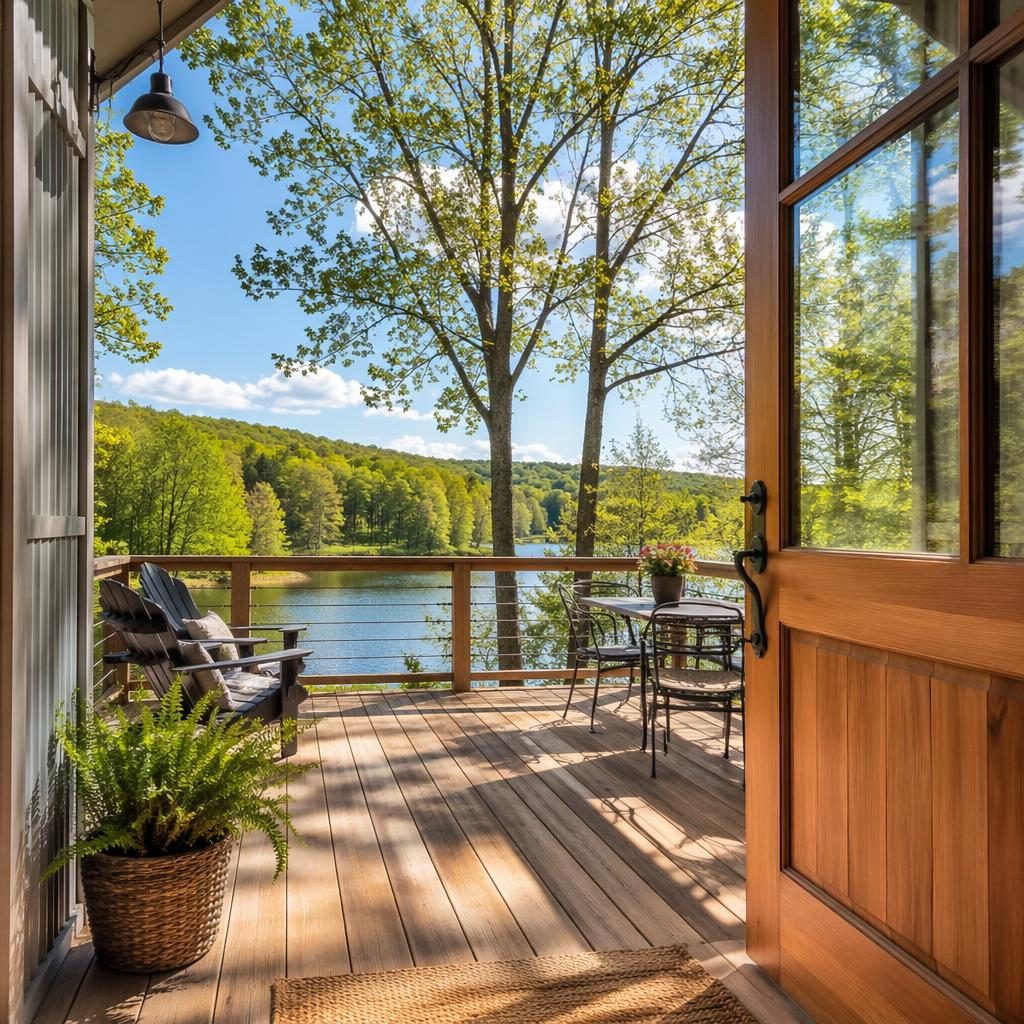 Bright real estate photo of a tiny house foyer entrance opening to a lakeside wooden deck in spring bloom.