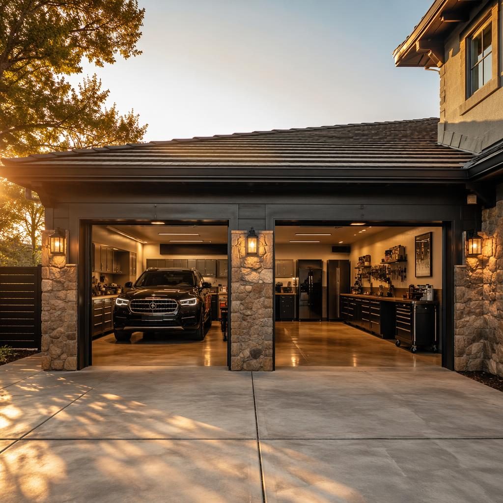 Wide-angle view of a luxury villa kitchen at golden hour, staged and clutter-free with a two-car garage workshop attached