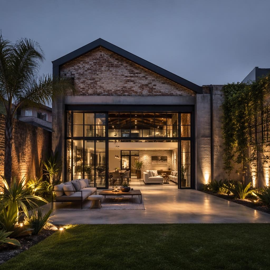 Casa independiente moderna al atardecer, vista interior hacia jardín nevado, composición amplia y elegante sin desorden.