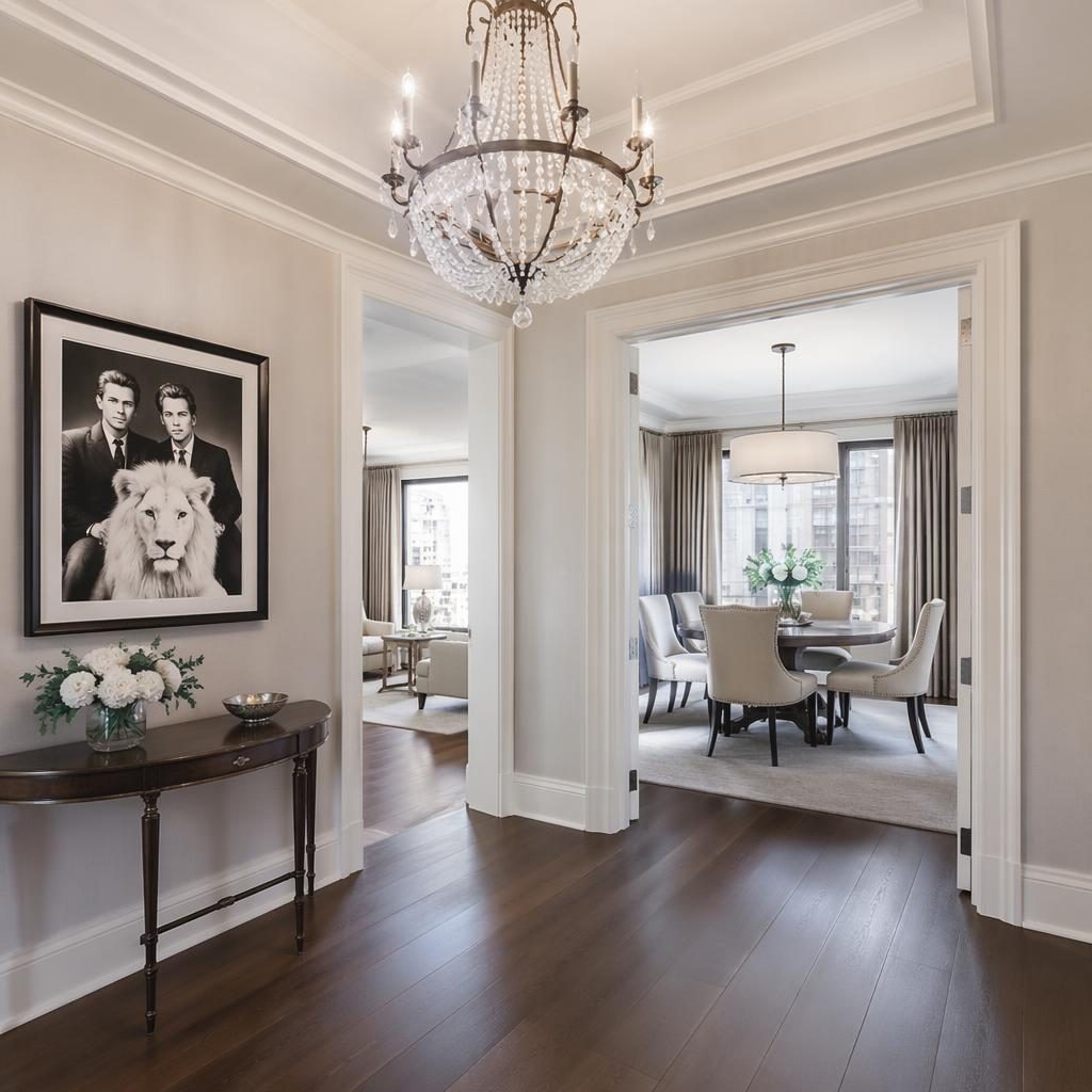 Bright urban apartment dining area with wide-angle view, staged table, spring light, and entryway foyer chandelier.