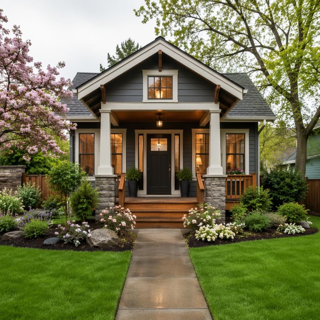 Wide-angle view of a staged tiny house foyer entrance with craftsman bungalow exterior, spring blooms, and soft overcast light.