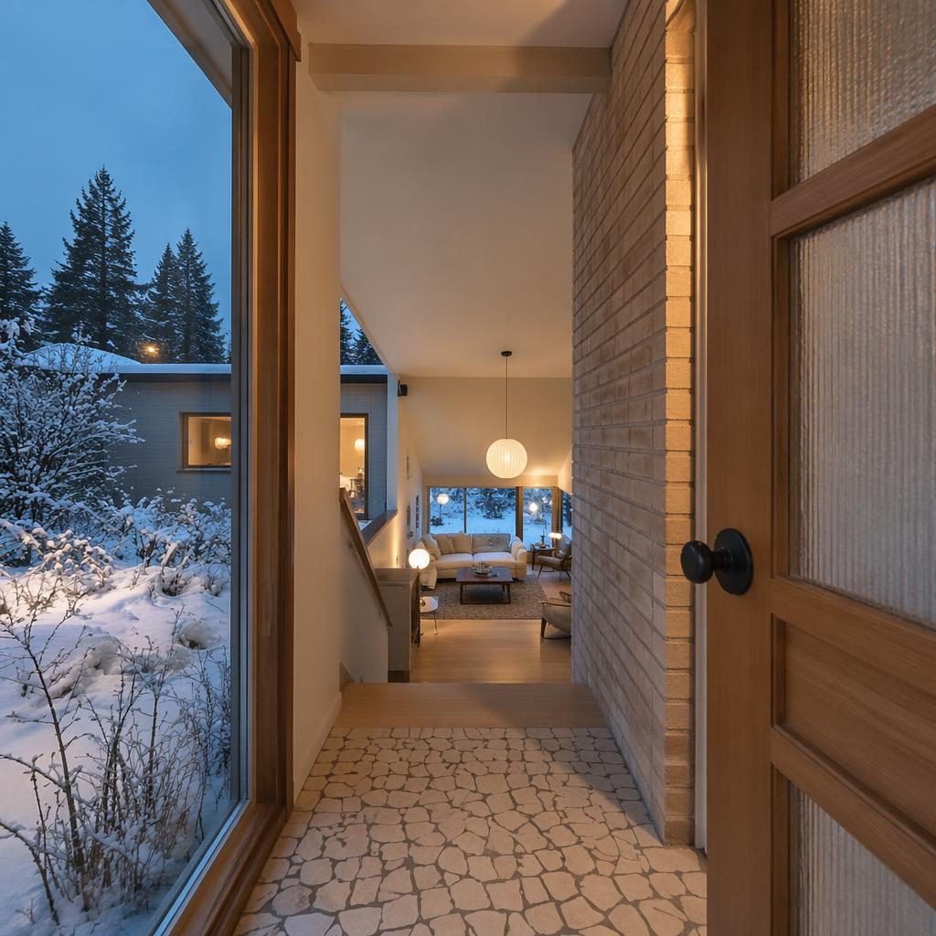 Wide-angle view of a tiny house foyer with warm dusk lighting, airy staged interior, and snowy winter scene beyond.