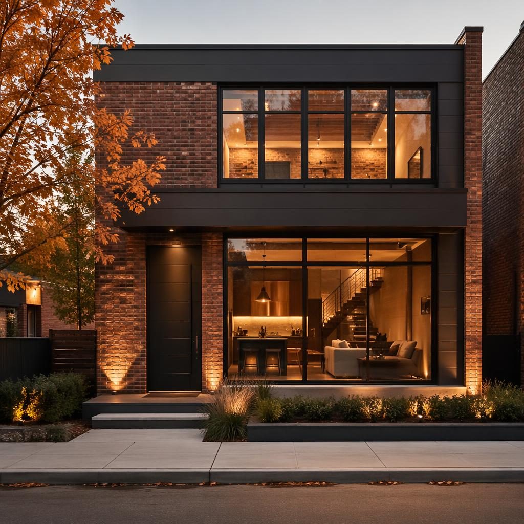 Front facade of an industrial loft at golden hour with autumn trees, wide-angle view, sharp HDR detail, clean staging.