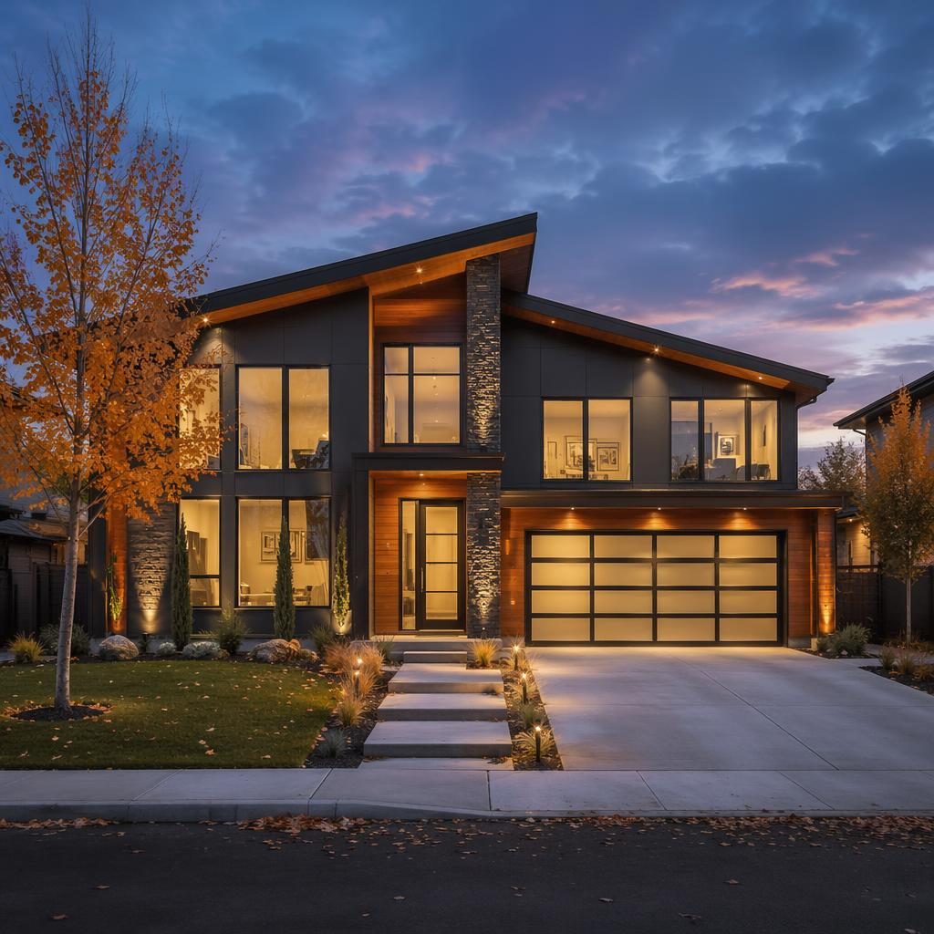 Front facade of a modern detached house at dusk with clean landscaping, wide-angle real estate framing, and sharp detail.