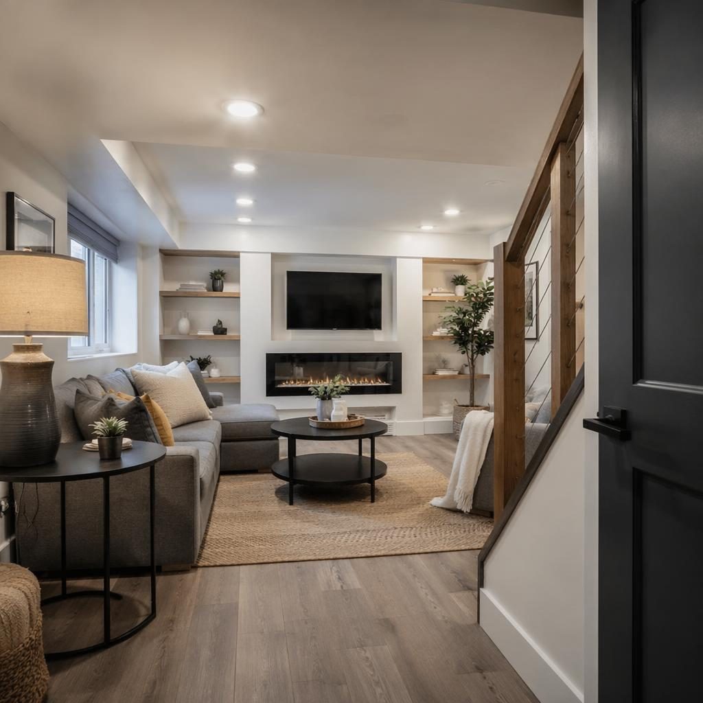 Wide-angle view of a staged tiny house finished basement family room near the foyer entrance, with moody twilight lighting.