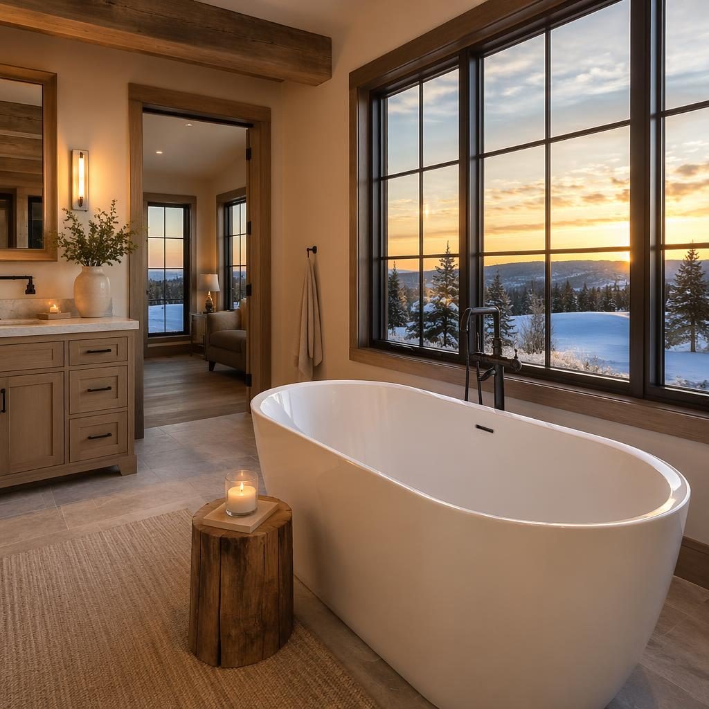 Wide-angle view of a staged farmhouse pool and patio at golden hour in winter snow, with a spa-style soaker tub visible.