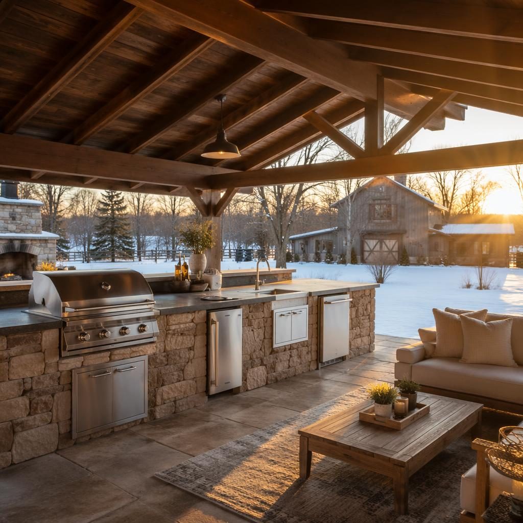 Wide-angle real estate photo of a farmhouse-style backyard patio with outdoor kitchen in winter golden hour light.