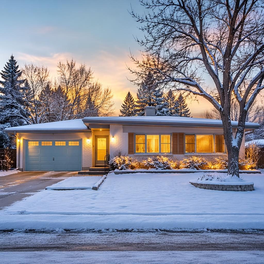 Front facade of a mid century ranch home at golden hour in winter snow, wide-angle real estate photo with clean staging.