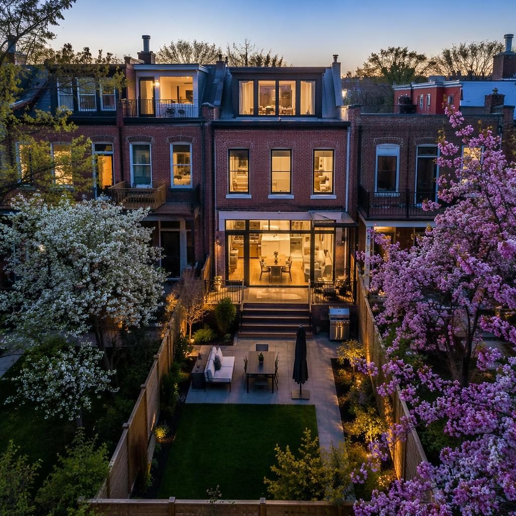 Aerial drone view of a modern brick townhouse row at dusk with glowing interiors and spring blooms in sharp focus.