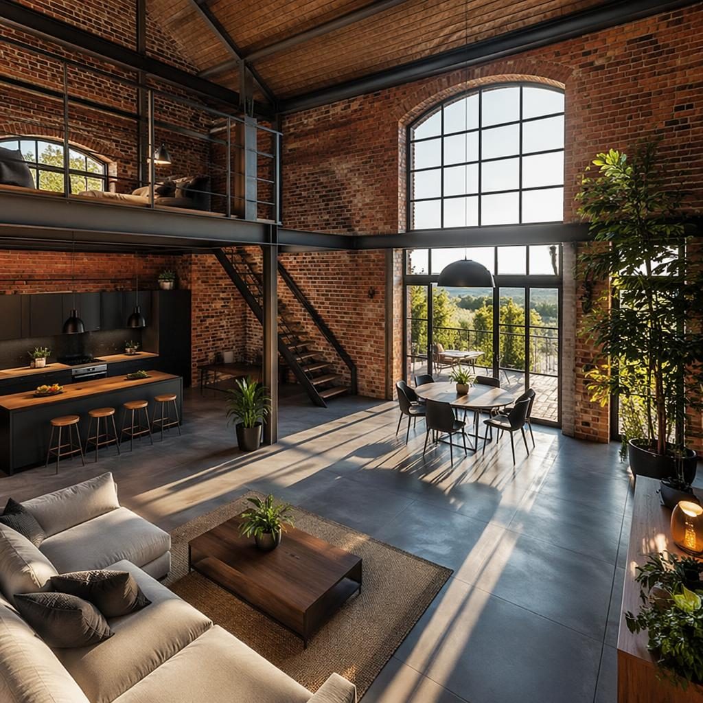 Vue aérienne au coucher du soleil d’une maison moderne avec intérieur loft studio en brique, style photo immobilière HDR