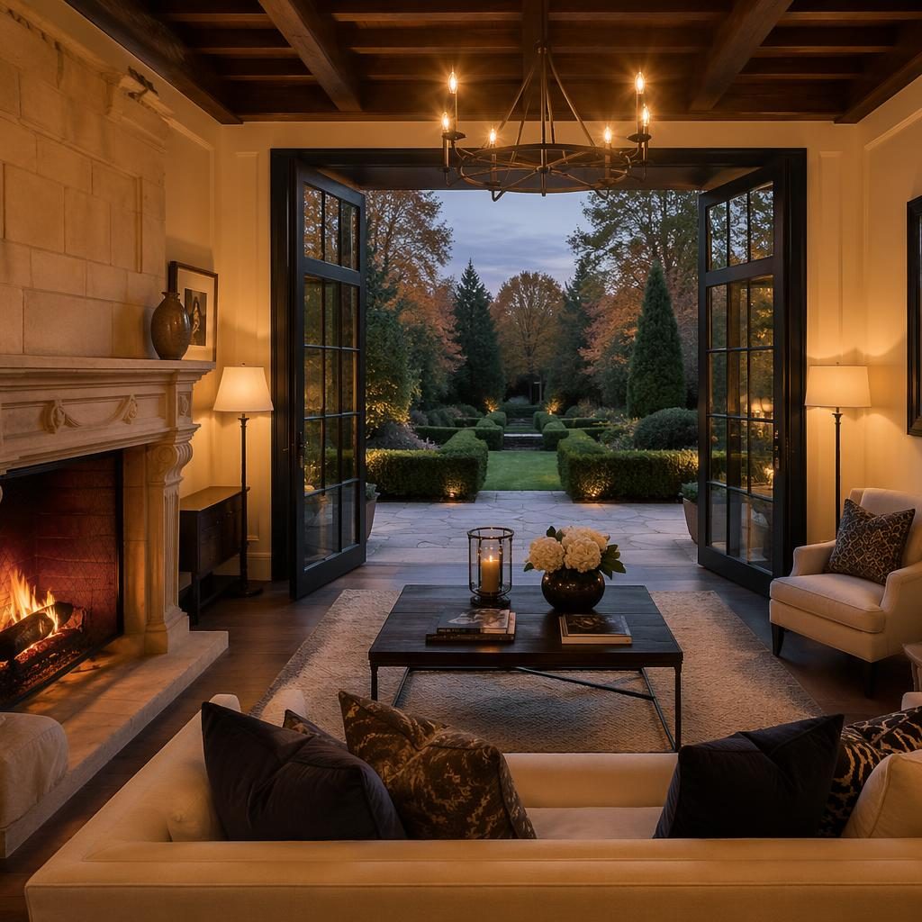 Intérieur lumineux d’un manoir Tudor restauré ouvert sur un jardin d’automne au crépuscule, cadrage immobilier grand-angle