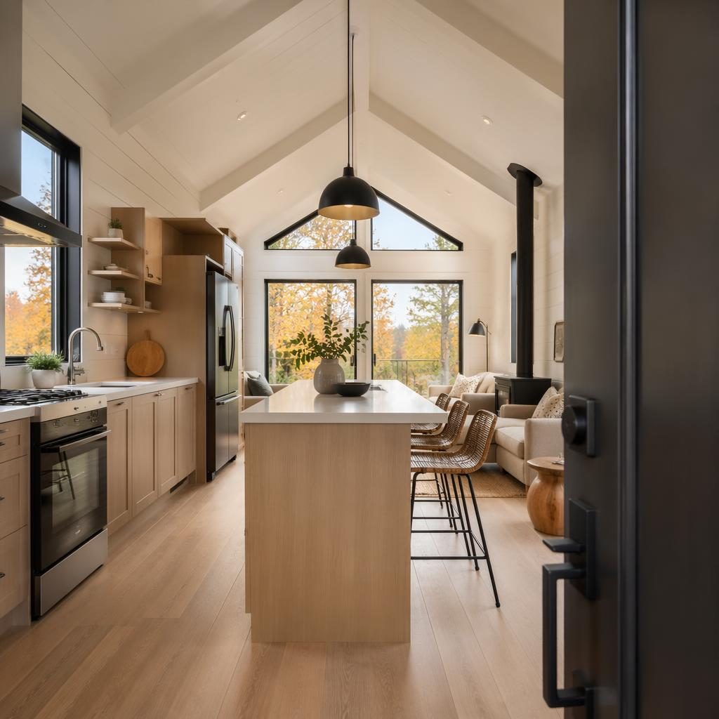 Entrée de tiny house avec foyer, cuisine ouverte à îlot, lumière douce couverte, couleurs d’automne.