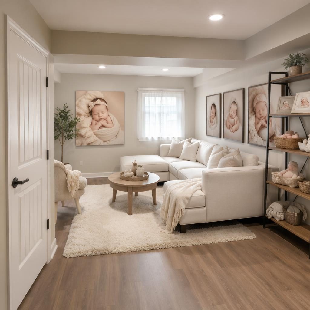 Bright finished basement family room in a tiny house with wide-angle real estate listing style, sharp focus, clean staging.