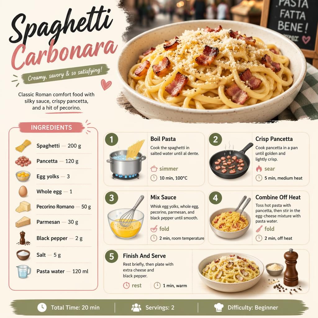 Infografía de receta con espaguetis carbonara, foto hero, lista de ingredientes y 5 pasos en diseño editorial pastel.