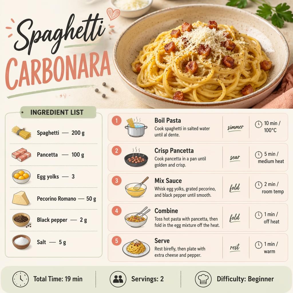 Recipe template infographic for spaghetti carbonara with hero dish photo, 6 ingredients, 5 cooking steps, and footer details.