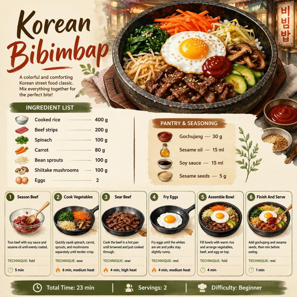 Vertical Korean bibimbap recipe infographic with hero bowl, ingredient list, 6 step cards, and rustic watercolor styling.