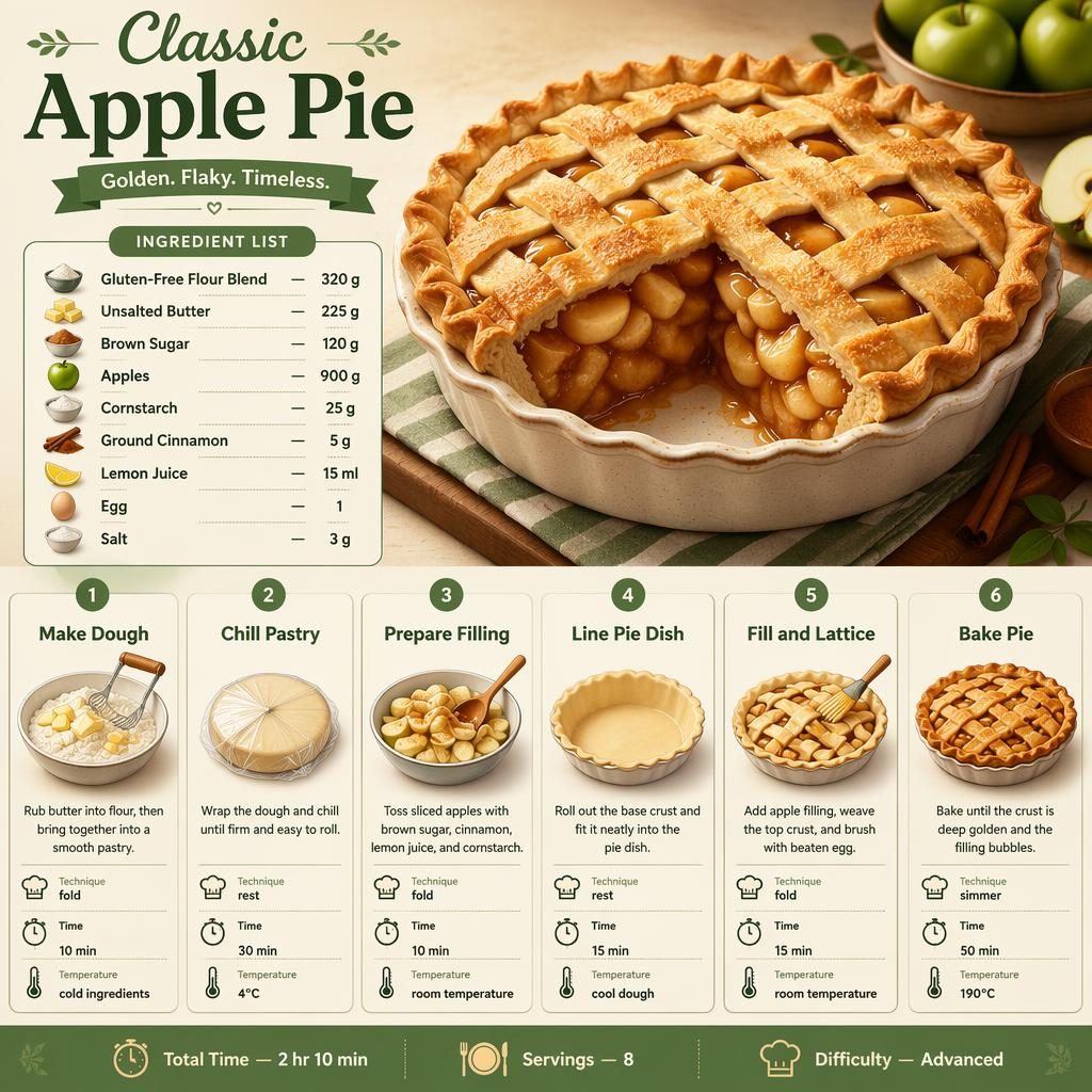 Isometric 3D recipe infographic for Classic Apple Pie with lattice gluten-free pie, ingredient list, 6 steps, and footer.