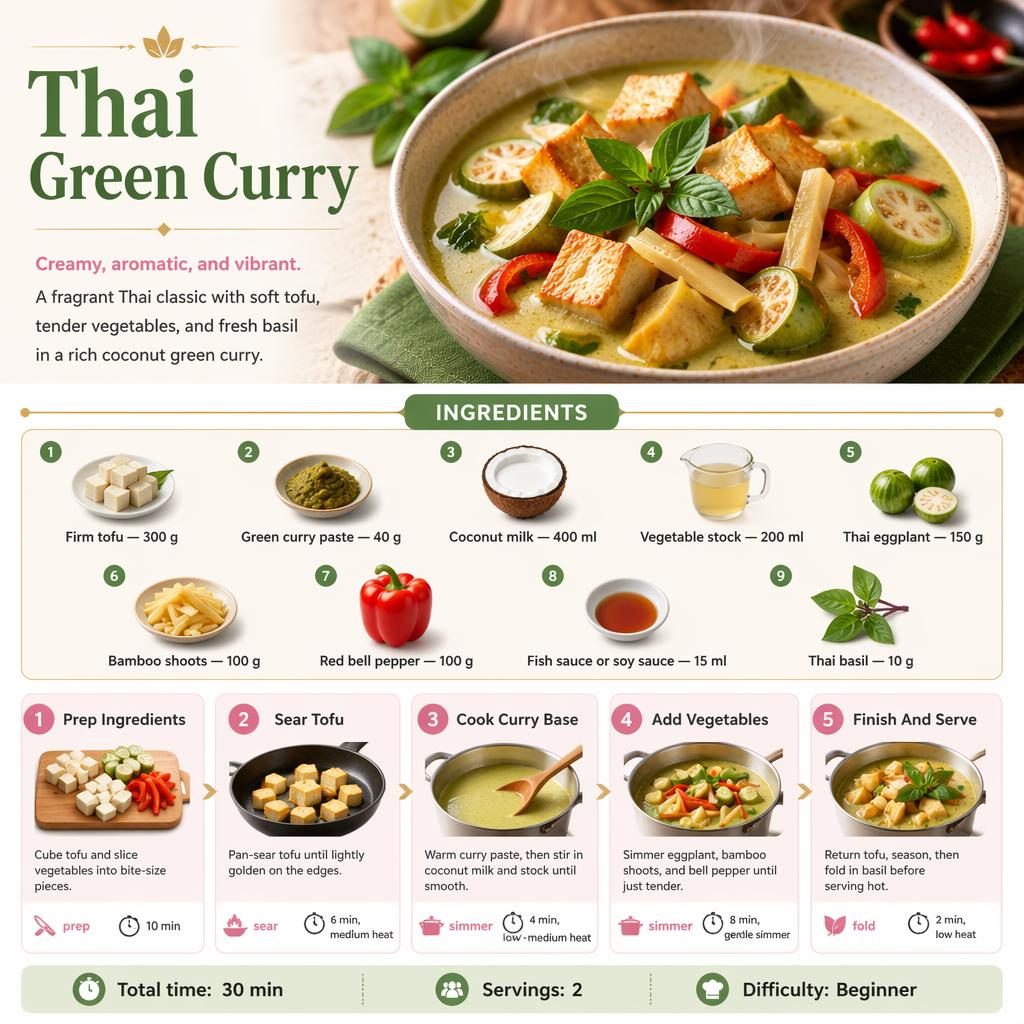 Infographic for Thai Green Curry with hero bowl photo, ingredients icons, 5 step cards, and footer details in English.
