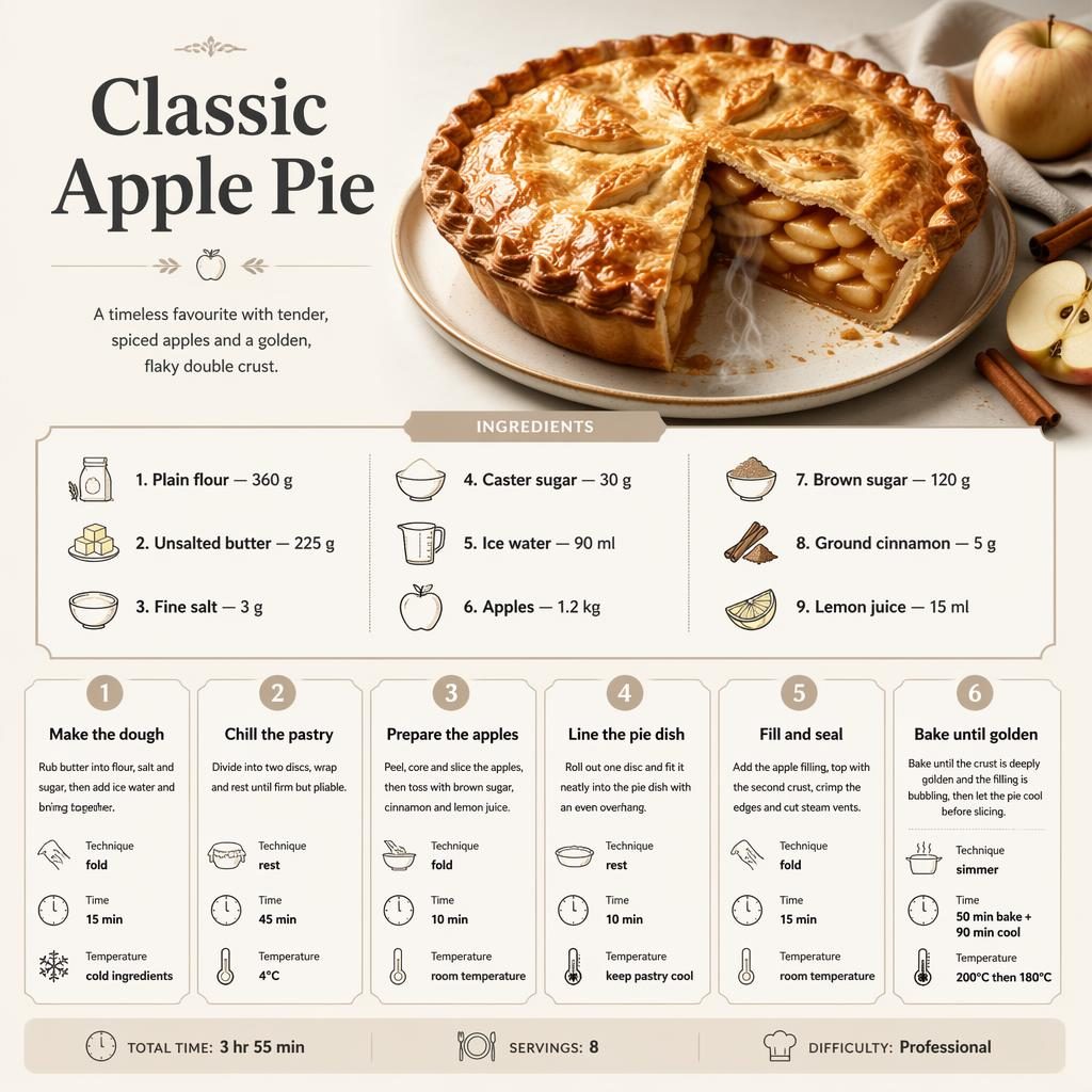 Vertical Classic Apple Pie recipe infographic with pie hero image, ingredients icons, 6 step cards, and footer details.