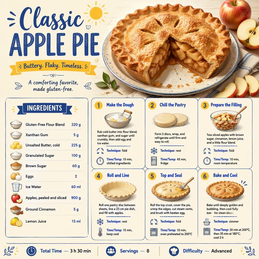 Printable 8.5 x 11 Classic Apple Pie recipe infographic with hero pie photo, ingredients, 6 steps, and footer details.