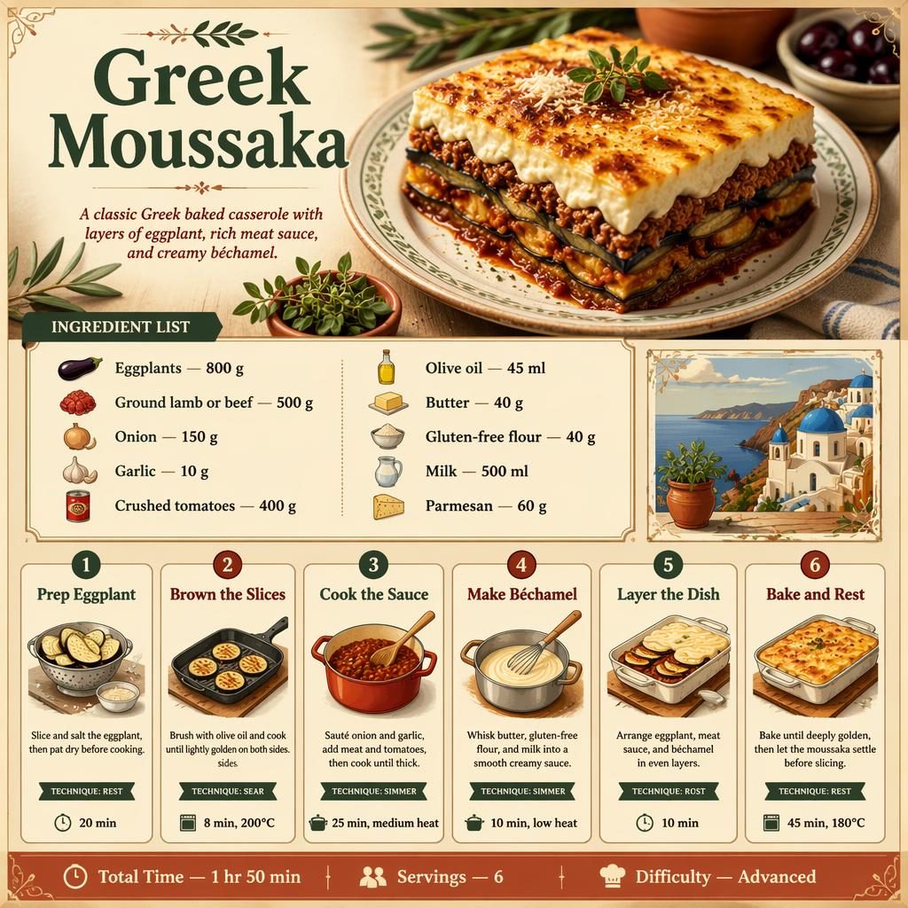 Vintage-style Greek Moussaka infographic with hero dish photo, ingredients list, 6 cooking steps, and footer details.
