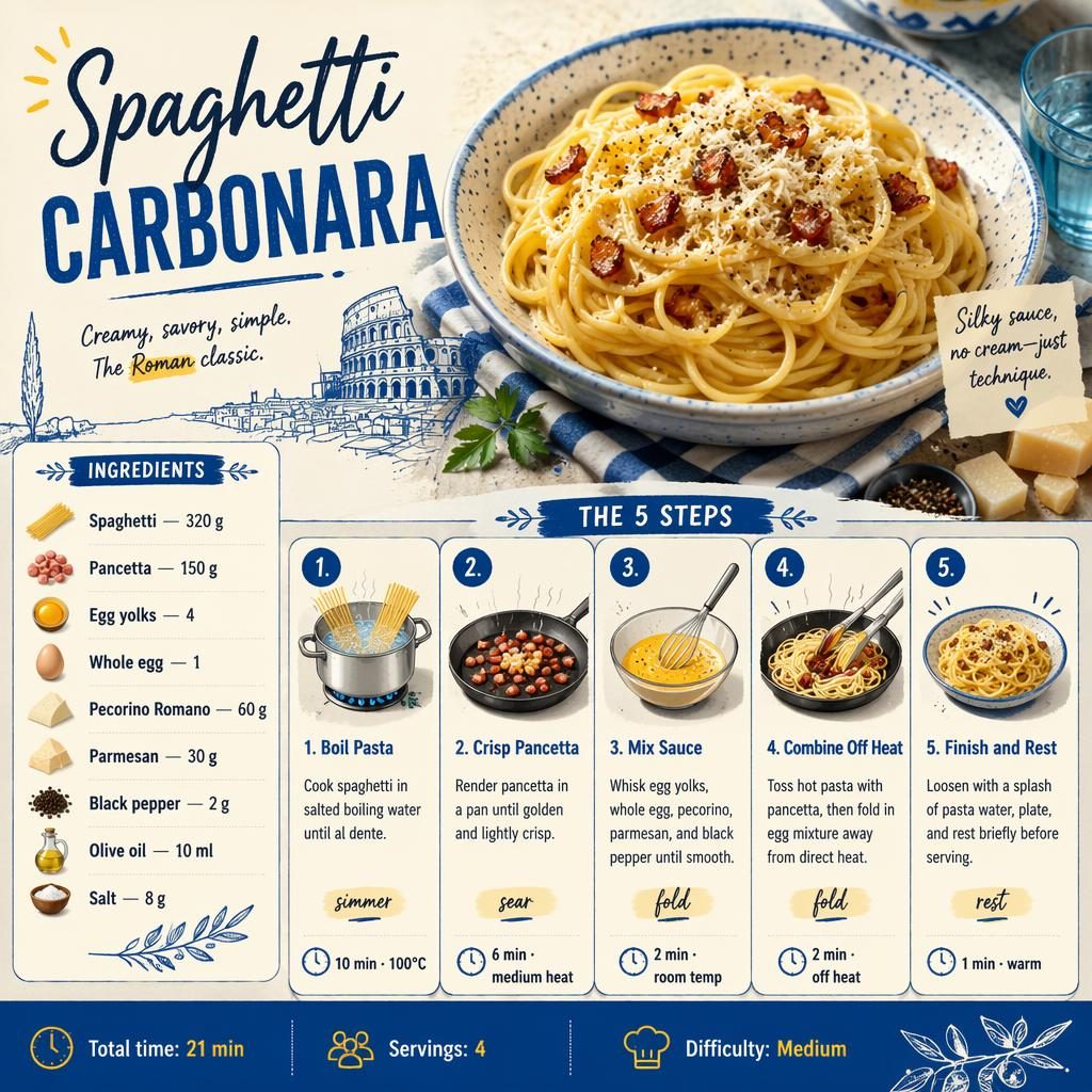 Infografía moderna de spaghetti carbonara con foto heroica, ingredientes medidos y 5 pasos en inglés, estilo sketchnote