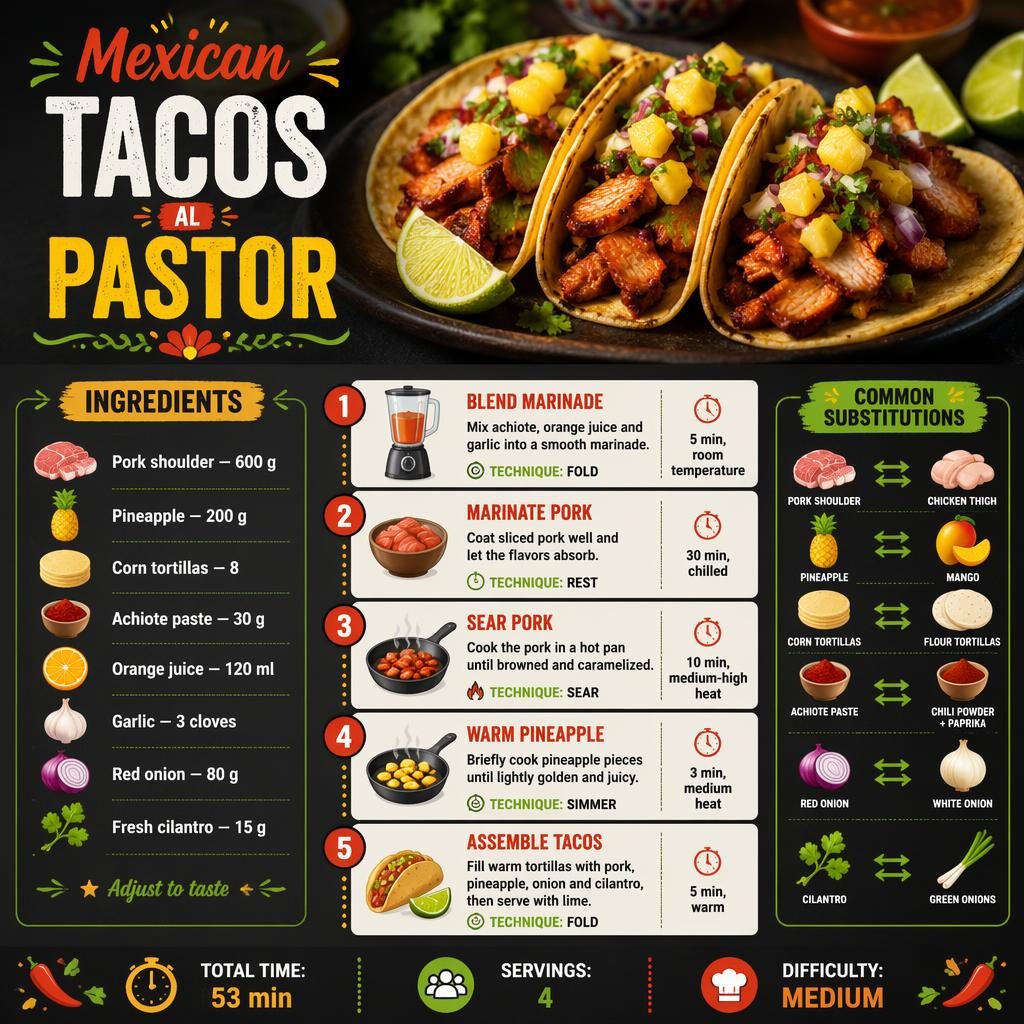 Vertical recipe infographic for Mexican Tacos al Pastor with hero tacos, ingredients icons, 5 step cards, and side chart.