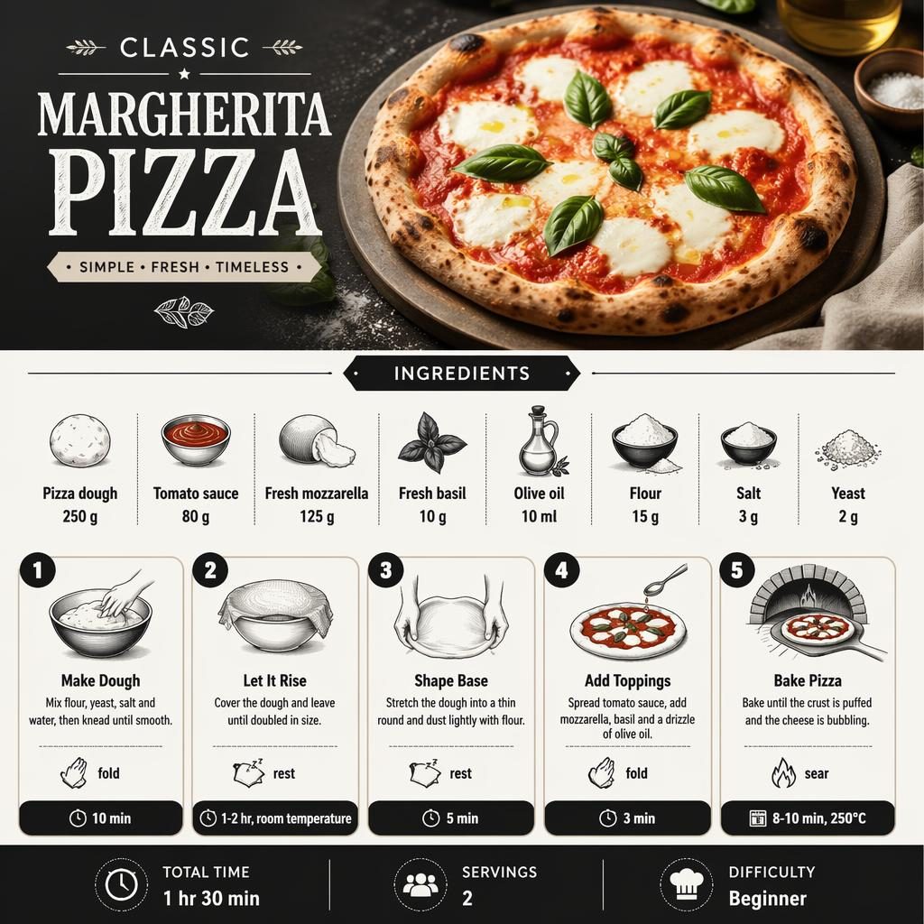 Monochrome Margherita pizza recipe infographic with hero pizza, ingredients list, 5 step cards, and footer stats.