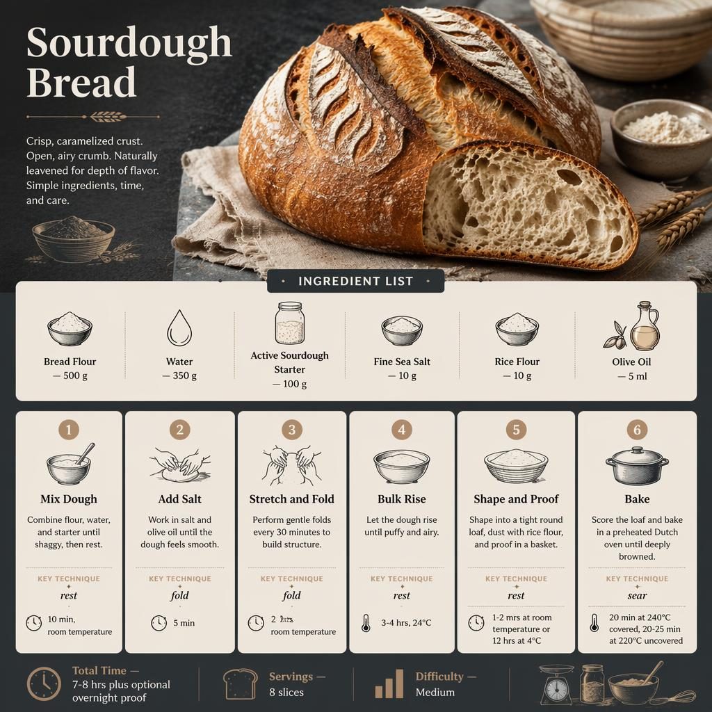Sourdough bread recipe infographic with loaf photo, ingredient list, 6 steps, and subtle kitchen substitutions chart cues