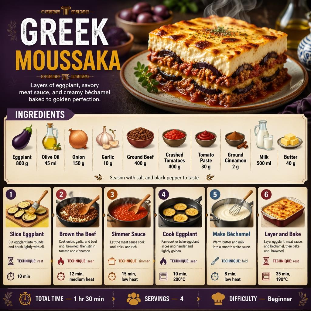 Greek Moussaka recipe infographic with hero dish photo, ingredients list, 6 step cards, and footer details in English.