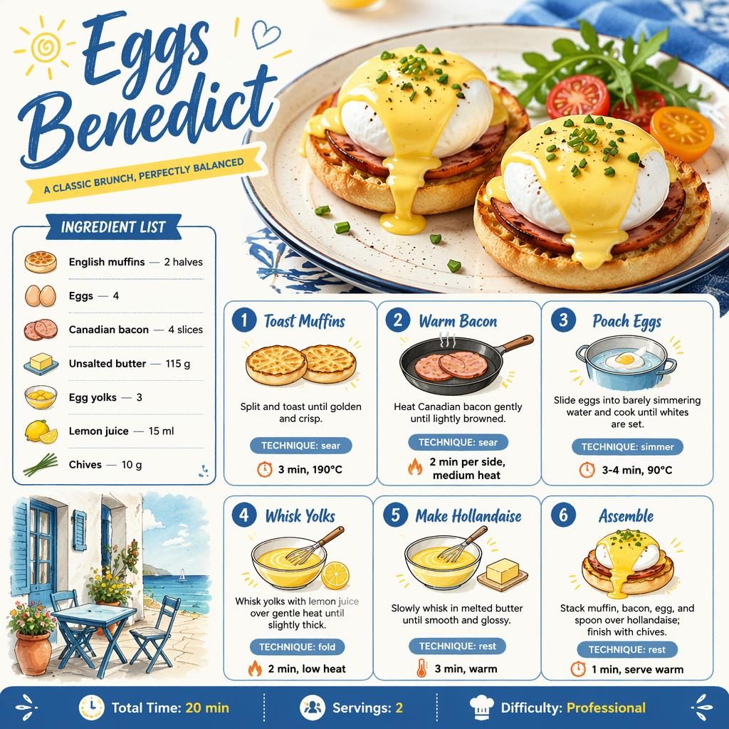 Recipe infographic for Eggs Benedict with hero dish illustration, ingredients, 6 steps, and footer in blue brunch style.