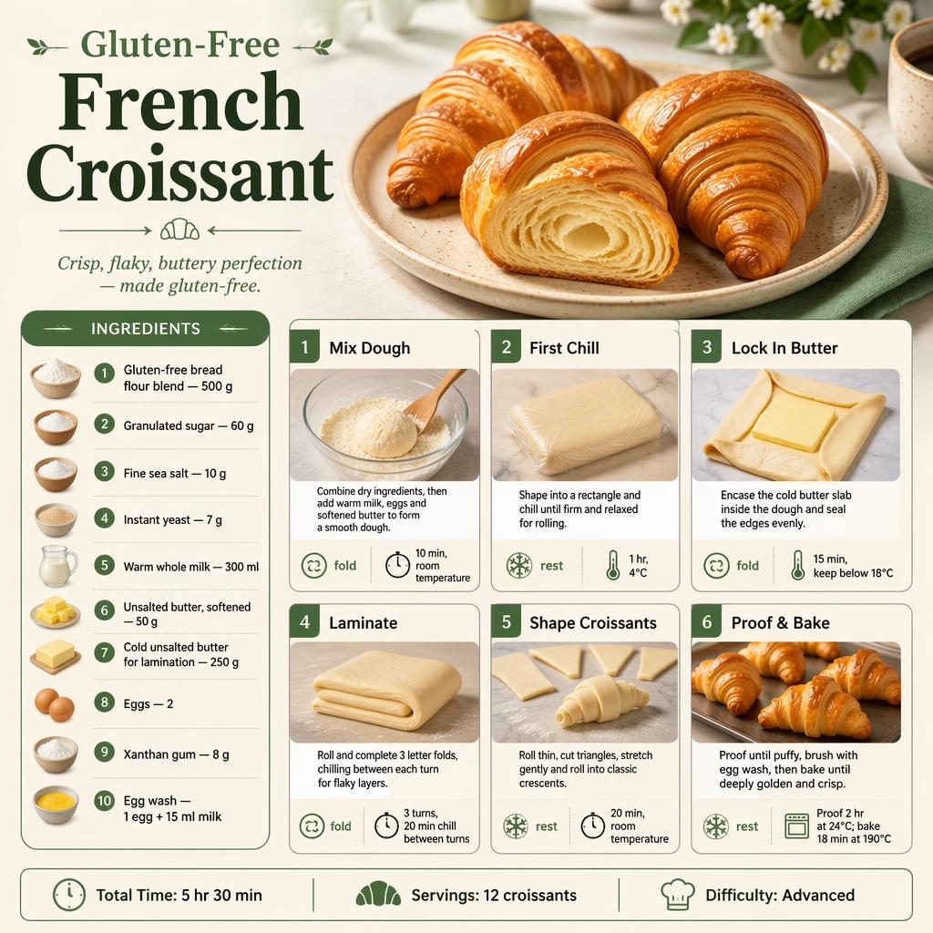 Recipe infographic for gluten-free French croissant with hero croissants, ingredients icons, 6 step cards, and green cream layout.