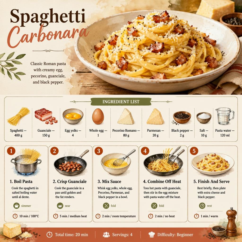 Infographie recette Spaghetti Carbonara avec bol de pâtes, liste d’ingrédients, 5 étapes et pied de page.