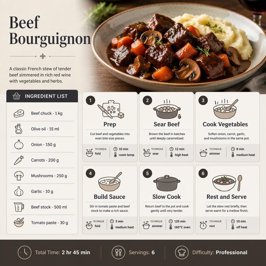 Beef Bourguignon recipe infographic with plated stew, 8 ingredients, 6 steps, and footer details in a minimal monochrome layout.