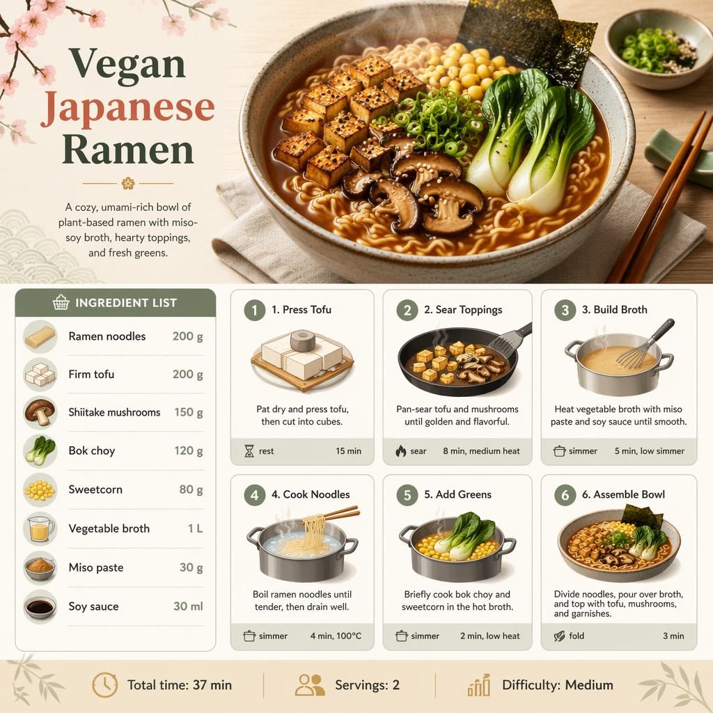 Recipe infographic for vegan Japanese ramen with hero bowl photo, ingredients list, 6 step cards, and footer details.