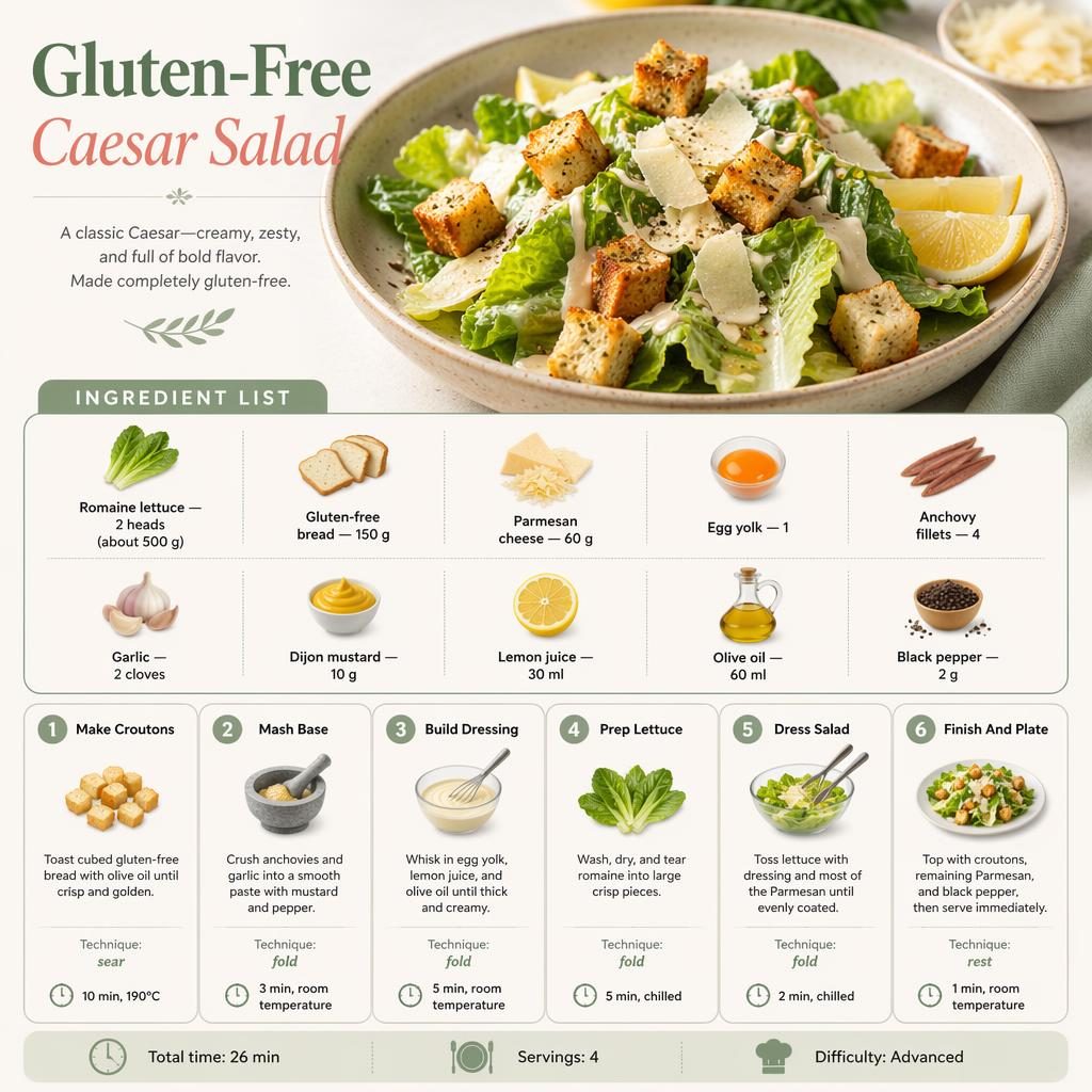 Recipe infographic showing a gluten-free Caesar salad, ingredient list, 6 step cards, and footer with time, servings, difficulty.
