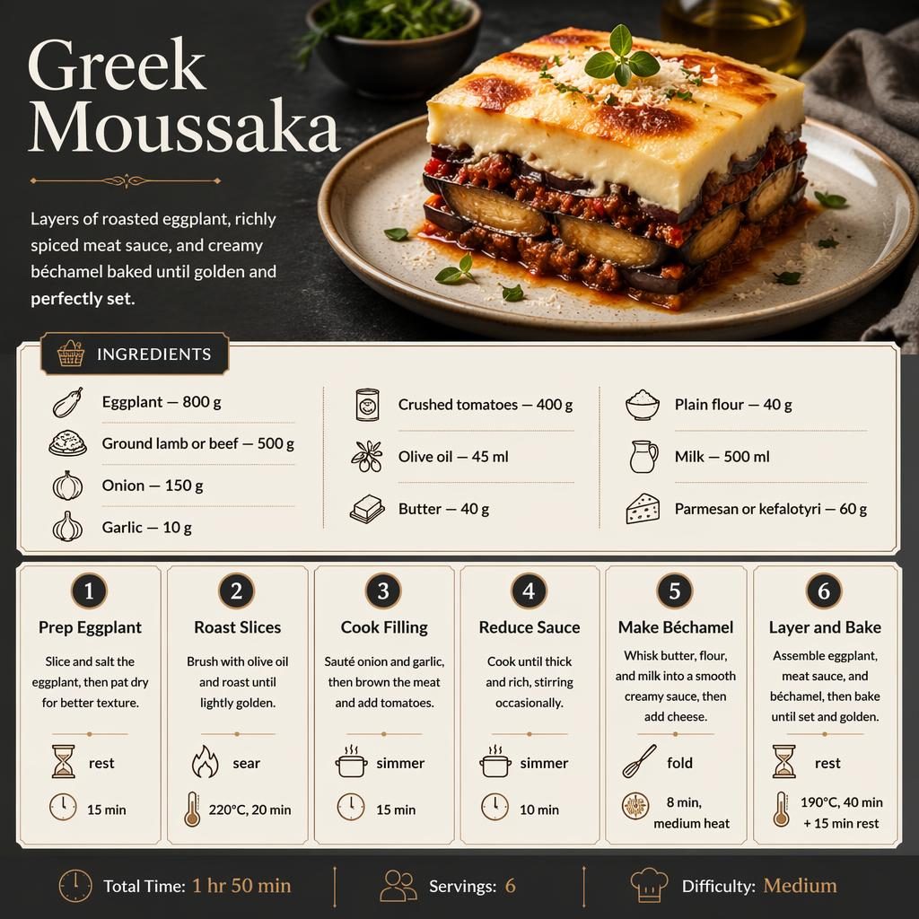 Recipe infographic for Greek Moussaka with plated slice photo illustration, ingredient list, 6 cooking steps, and footer details.