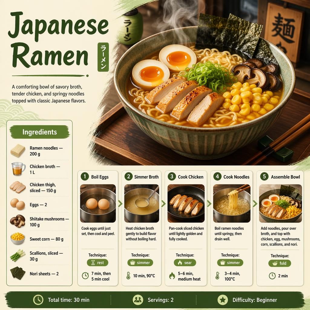 Japanese ramen recipe infographic with hero bowl, ingredients list, 5 step cards, and footer on a cream green layout