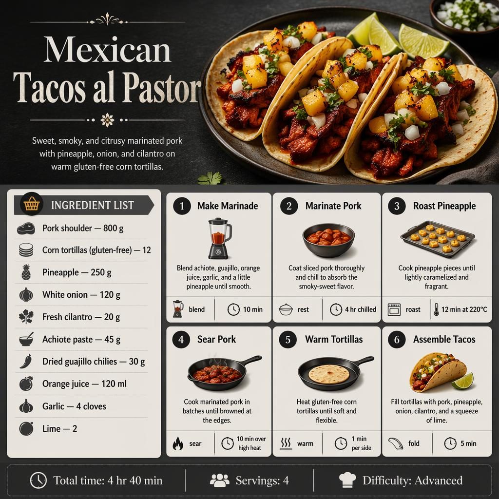 Recipe infographic for Mexican Tacos al Pastor with hero taco image, ingredient list, 6 cooking steps, and footer details.
