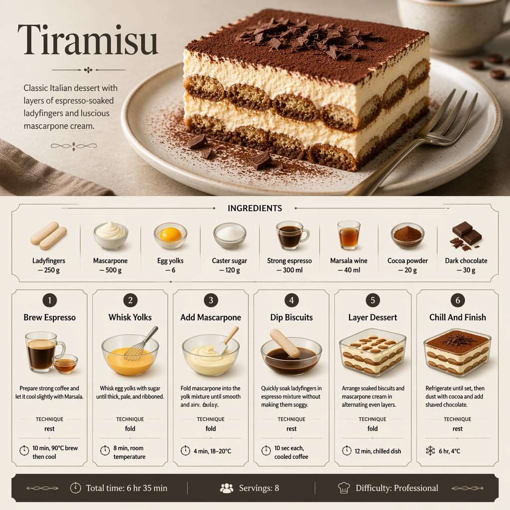 Infografía de receta de tiramisú con foto realista del postre, ingredientes, 6 pasos numerados y pie con tiempo, porciones y dificultad.