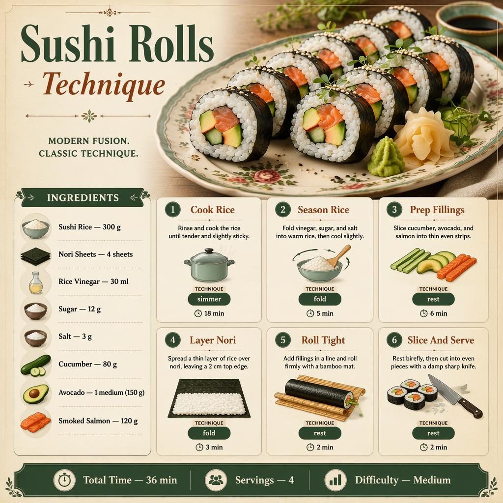 Recipe infographic for sushi rolls with hero dish photo, 8-ingredient list, 6 step cards, and footer details on time, servings, and difficulty.